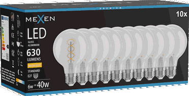 Mexen Vintis 10x LED спирална нишка крушка E27, G80, 6W, Топла - 2700K, 630 lm, ясно