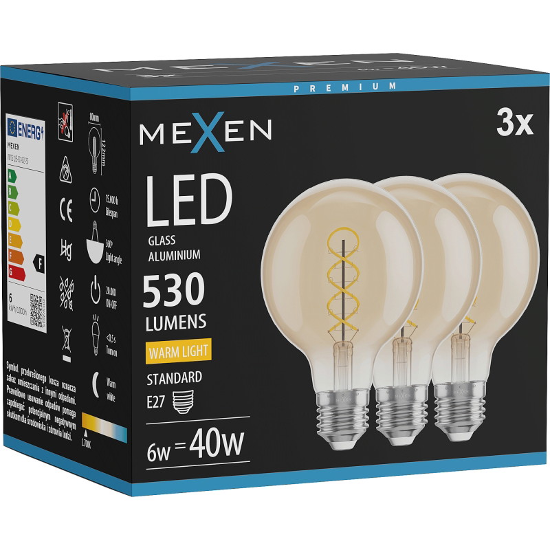 Mexen Vintis 3x LED спирална нажежаема крушка E27, G80, 6W, Топла - 2700K, 530 lm, кехлибар