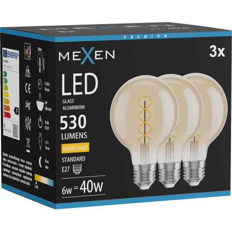 Mexen Vintis 3x LED спирална нажежаема крушка E27, G80, 6W, Топла - 2700K, 530 lm, кехлибар