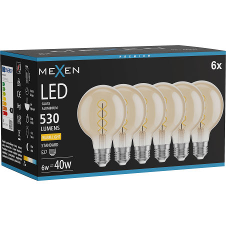 Mexen Vintis 6x LED крушка с нажежаема жичка спирала E27, G80, 6W, Топла светлина -