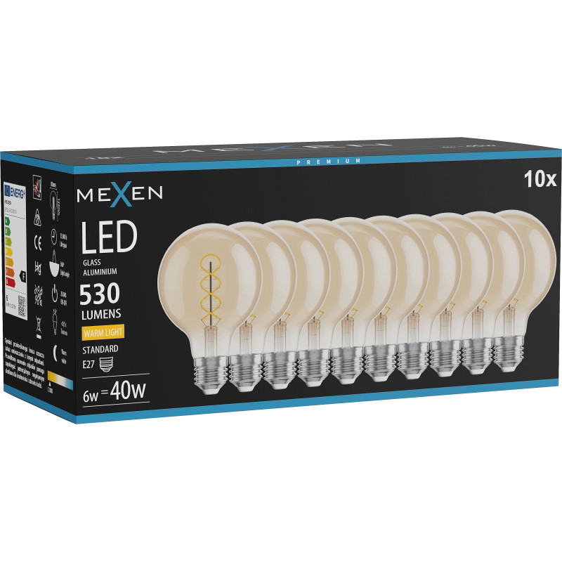 Mexen Vintis 10x LED крушка спирала с нажежаема жичка E27, G80, 6W, Топъл - 2700K, 530 lm,