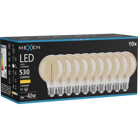 Mexen Vintis 10x LED крушка спирала с нажежаема жичка E27, G80, 6W, Топъл - 2700K, 530 lm,