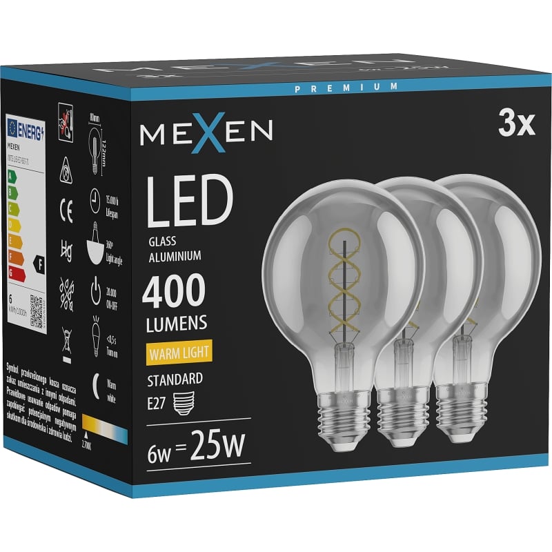 Mexen Vintis 3x LED спирална нажежаема жичка E27, G80, 6W, Топла - 2700K, 400 lm, опушен