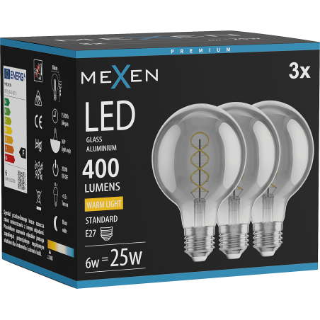 Mexen Vintis 3x LED спирална нажежаема жичка E27, G80, 6W, Топла - 2700K, 400 lm, опушен