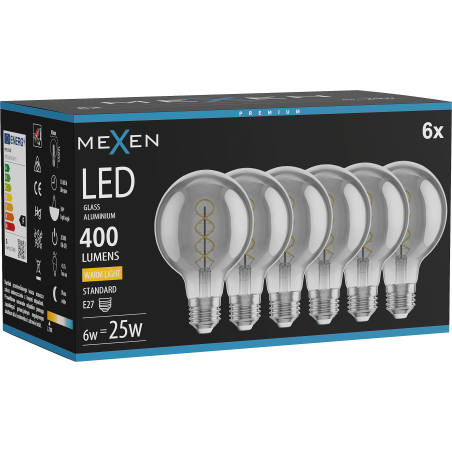 Mexen Vintis 6x крушка с нажежаема жичка спирала LED E27, G80, 6W, Топло - 2700K, 400 lm,
