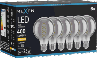 Mexen Vintis 6x крушка с нажежаема жичка спирала LED E27, G80, 6W, Топло - 2700K, 400 lm,