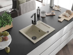 Mexen Enzo кухненска мивка от гранит с 1 отделение с сушилник и кухненски смесител Rita, бежов - 6506-69-670300-70