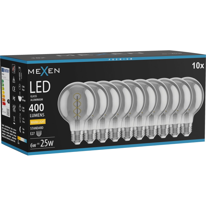 Mexen Vintis 10x LED спирална лампа с нажежаема жичка E27, G80, 6W, Топла - 2700K, 400 lm,