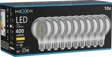 Mexen Vintis 10x LED спирална лампа с нажежаема жичка E27, G80, 6W, Топла - 2700K, 400 lm,