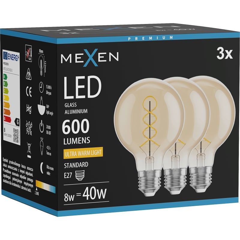 Mexen Vintis 3x LED крушка с нажежаема жичка спирала E27, G80, 8W, Топла - 2200K, 600 lm,