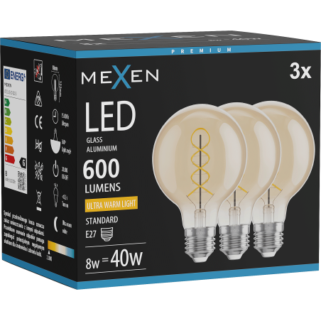 Mexen Vintis 3x LED крушка с нажежаема жичка спирала E27, G80, 8W, Топла - 2200K, 600 lm,