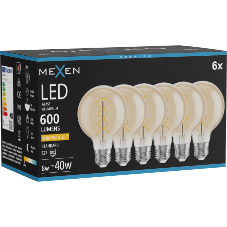 Mexen Vintis 6x LED крушка с нажежаема спирала E27, G80, 8W, Топла светлина - 2200K, 600 lm,