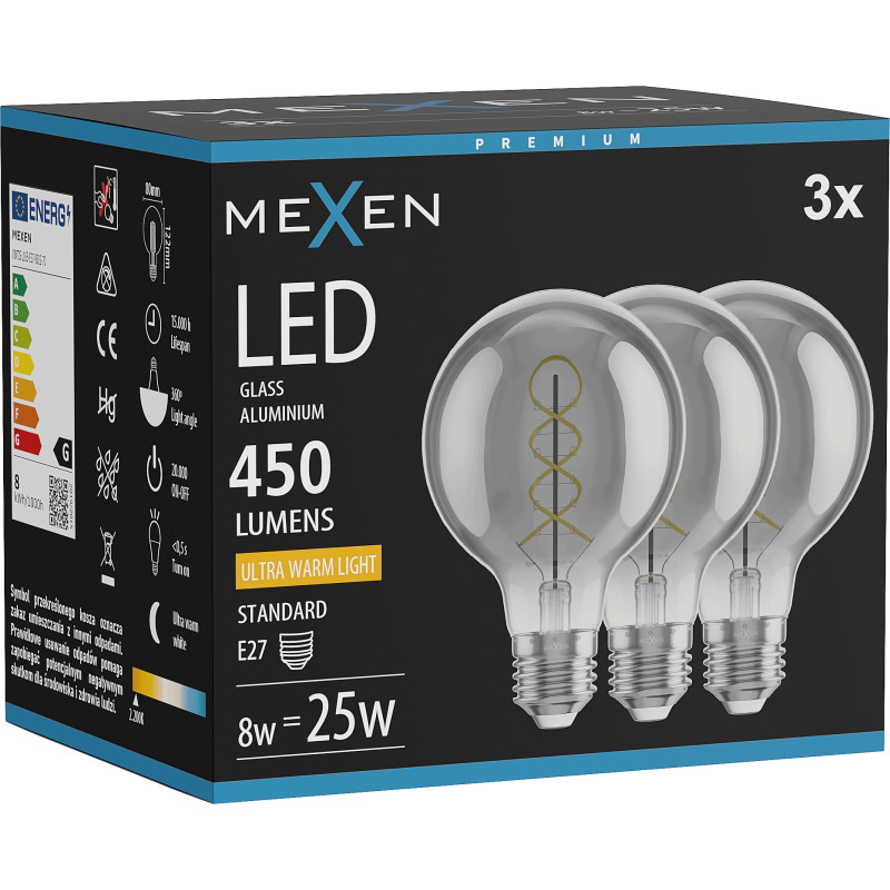 Mexen Vintis 3x LED спирална нажежаема жичка E27, G80, 8W, Топла - 2200K, 450 lm, димно