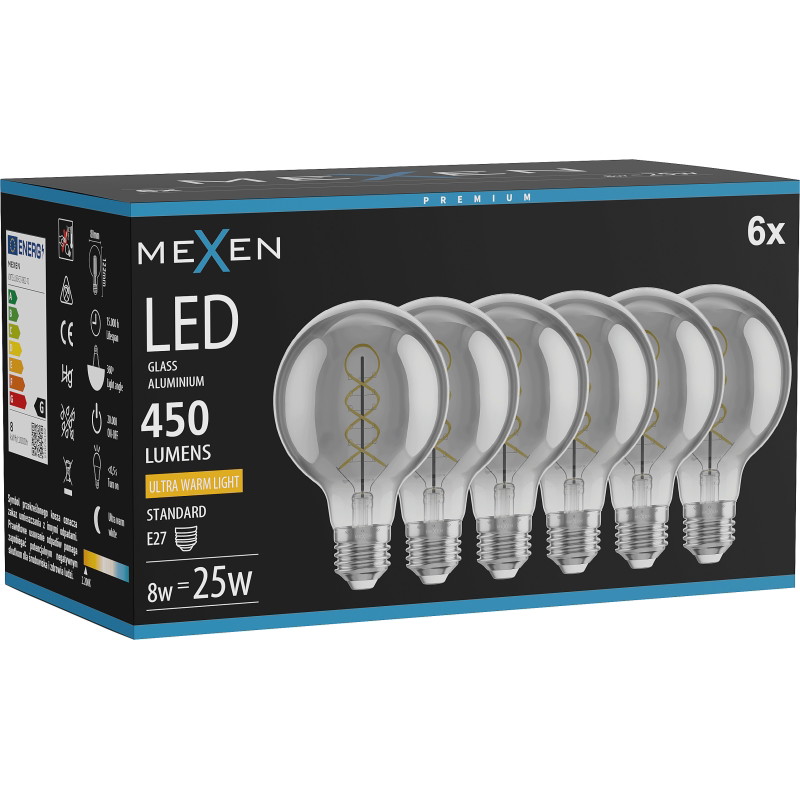 Mexen Vintis 6x LED спираловидна жичка крушка E27, G80, 8W, Топла - 2200K, 450 lm, опушен