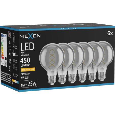 Mexen Vintis 6x LED спираловидна жичка крушка E27, G80, 8W, Топла - 2200K, 450 lm, опушен