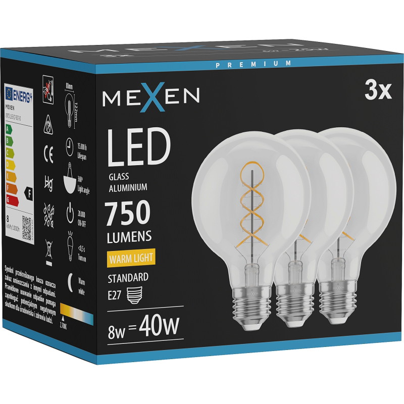 Mexen Vintis 3x крушка с нажежаема жичка спирала LED E27, G80, 8W, Топла - 2700K, 750 lm,