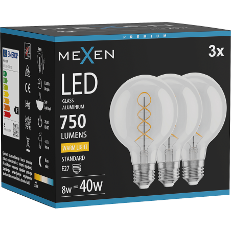 Mexen Vintis 3x крушка с нажежаема жичка спирала LED E27, G80, 8W, Топла - 2700K, 750 lm,