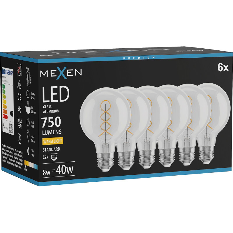 Mexen Vintis 6x LED спирална крушка филомент E27, G80, 8W, Топло - 2700K, 750 lm, прозрачно