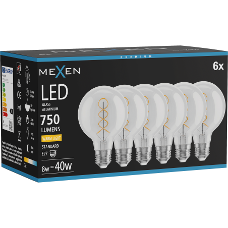 Mexen Vintis 6x LED спирална крушка филомент E27, G80, 8W, Топло - 2700K, 750 lm, прозрачно