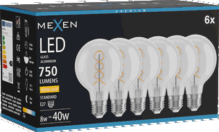 Mexen Vintis 6x LED спирална крушка филомент E27, G80, 8W, Топло - 2700K, 750 lm, прозрачно