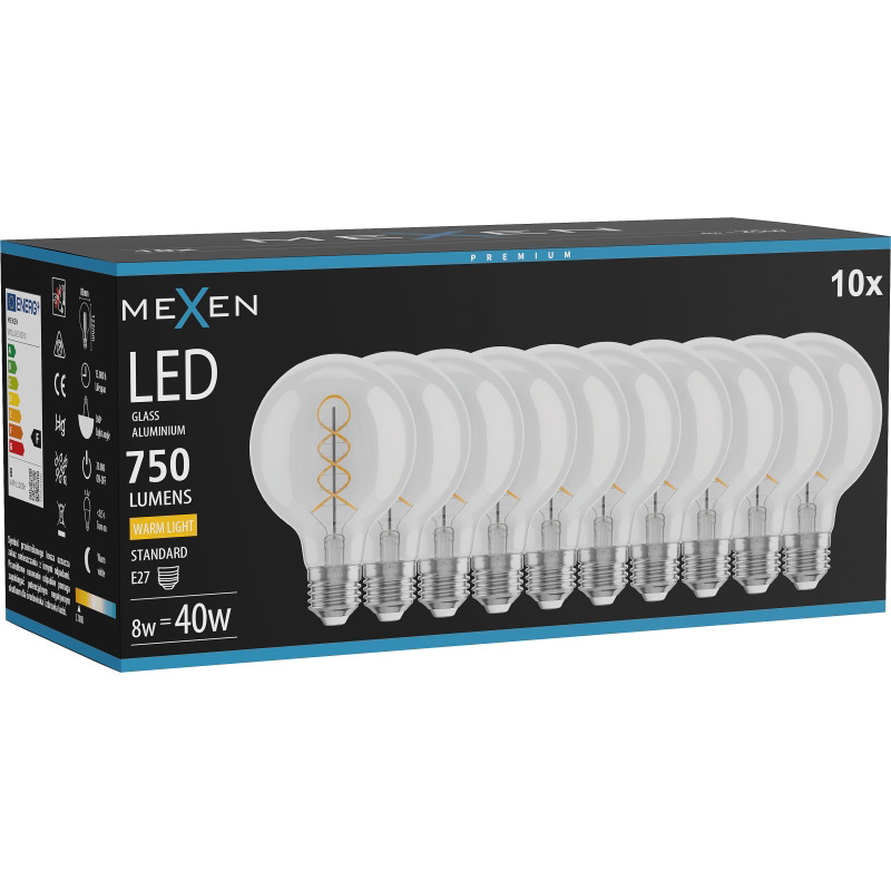 Mexen Vintis 10x LED спирална нажежаема жичка E27, G80, 8W, Топло - 2700K, 750 lm, прозрачно