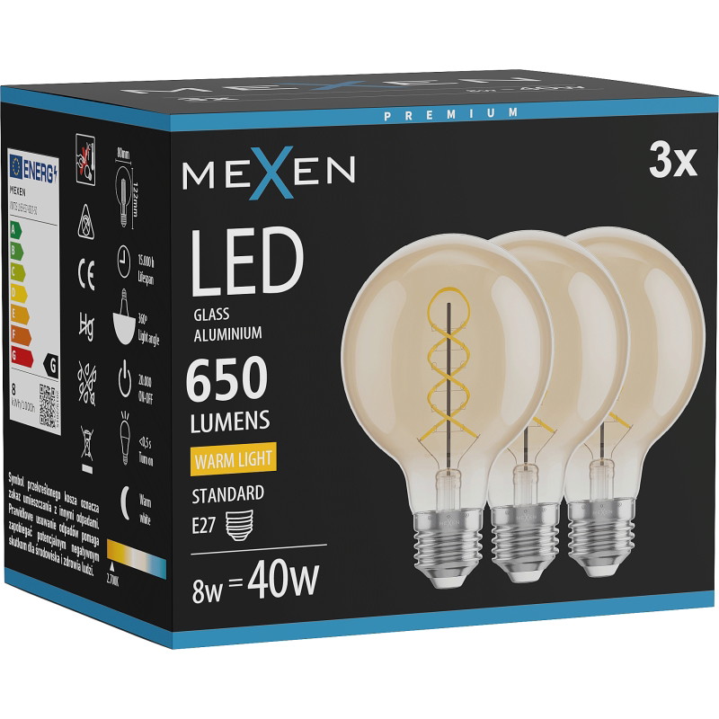 Mexen Vintis 3x LED крушка с нажежаема жичка спирала E27, G80, 8W, Топла - 2700K, 650 lm,