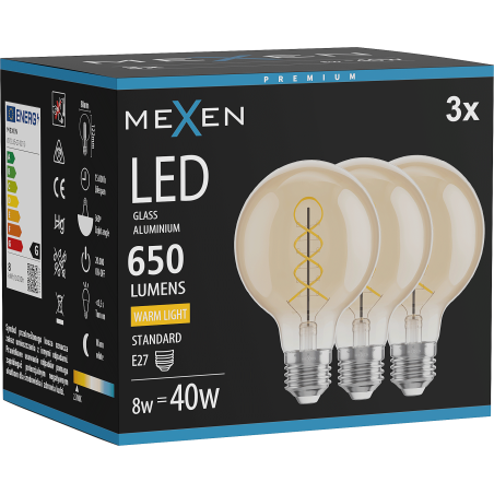 Mexen Vintis 3x LED крушка с нажежаема жичка спирала E27, G80, 8W, Топла - 2700K, 650 lm,