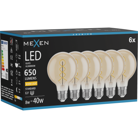 Mexen Vintis 6x LED спирална филтъчна крушка E27, G80, 8W, Топла - 2700K, 650 lm, кехлибар