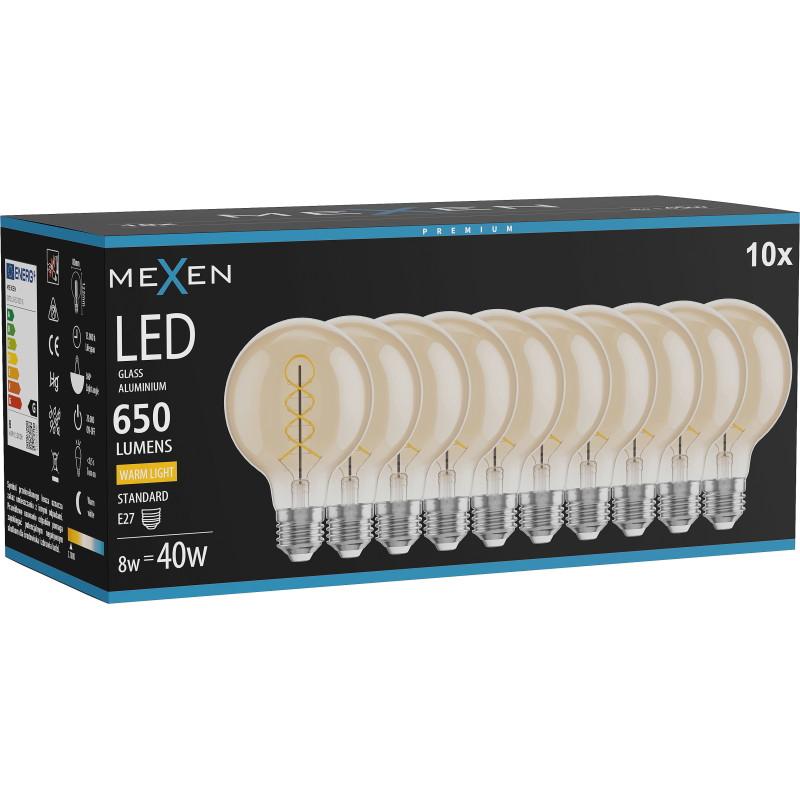 Mexen Vintis 10x LED спирална крушка, E27, G80, 8W, Топла светлина - 2700K, 650 lm, кехлибар