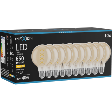 Mexen Vintis 10x LED спирална крушка, E27, G80, 8W, Топла светлина - 2700K, 650 lm, кехлибар