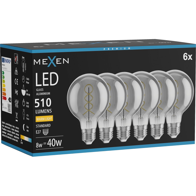 Mexen Vintis 6x крушка с нажежаема спирална LED E27, G80, 8W, Топла - 2700K, 510 lm, димна