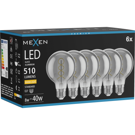 Mexen Vintis 6x крушка с нажежаема спирална LED E27, G80, 8W, Топла - 2700K, 510 lm, димна
