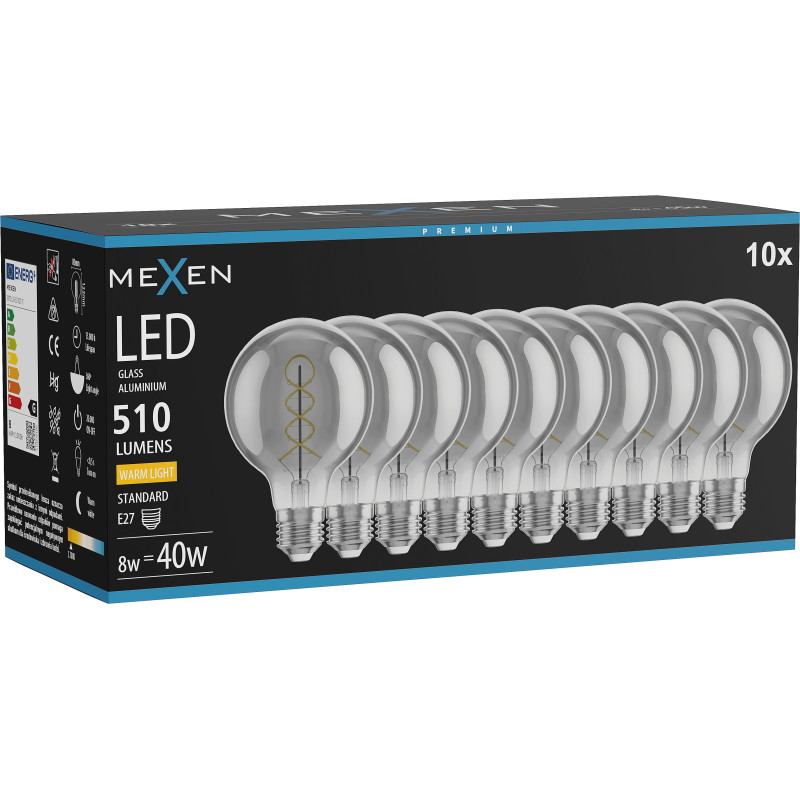 Mexen Vintis 10x крушка със спирала LED E27, G80, 8W, Топла - 2700K, 510 lm, опушена