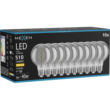 Mexen Vintis 10x крушка със спирала LED E27, G80, 8W, Топла - 2700K, 510 lm, опушена