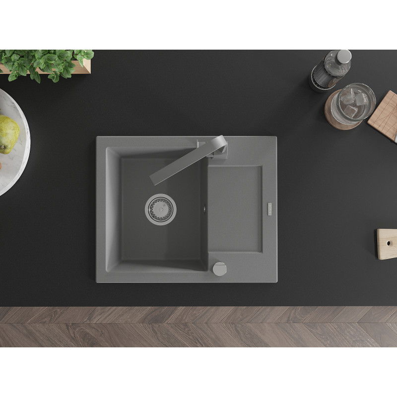 Mexen Enzo гранитна мивка с 1 отделение с отцедник и кухненски смесител Rita, сиво - 6506-71-670300-71