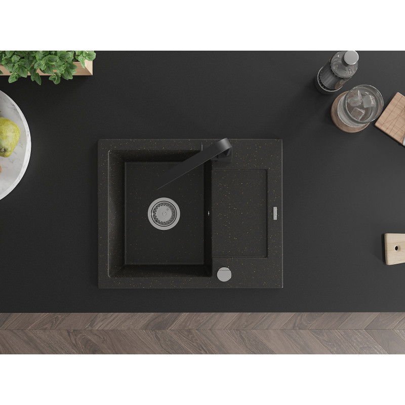 Mexen Enzo гранитна мивка с 1 корито с отцедник и кухненски смесител Rita, черен/златен металик - 6506-75-670300-70