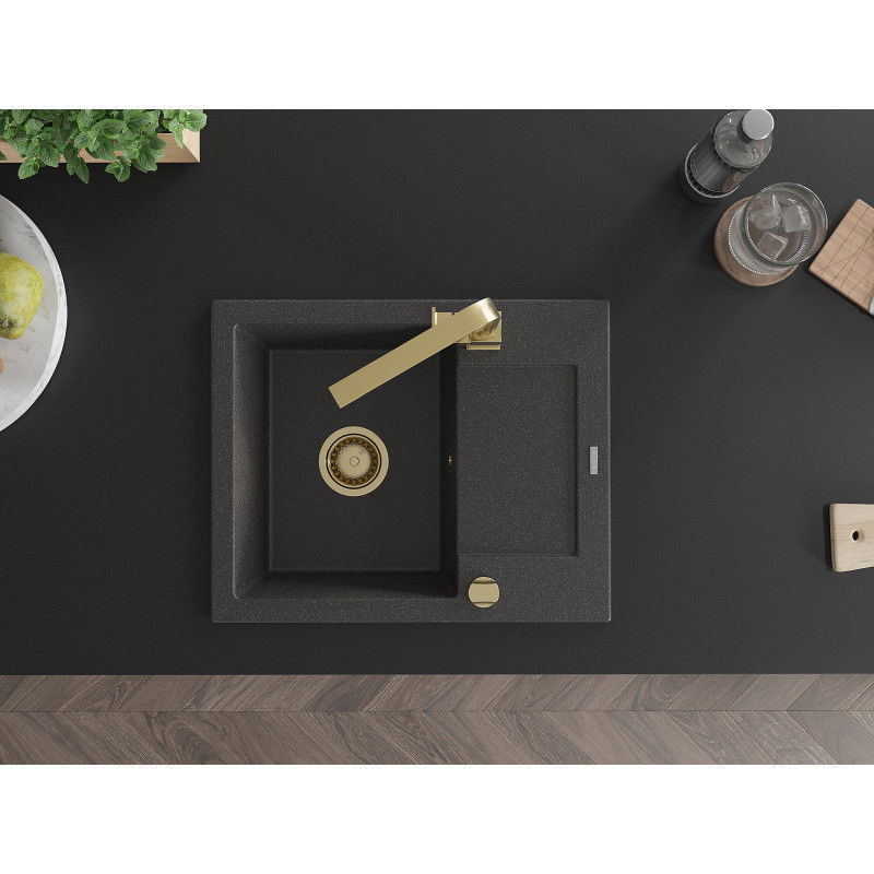 Mexen Enzo гранитна кухненска мивка с 1 отделение и отцедник и кухненски смесител Rita, черен на пръски - 6506-76-670300-50