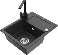 Mexen Enzo гранитна кухненска мивка с една камера с отцедник и кухненски смесител Rita, черен с точки - 6506-76-670300-70