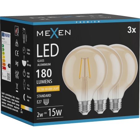 Mexen Vintis 3x LED филамент крушка E27, G95, 2W, Топло - 2200K, 180 lm, кехлибар
