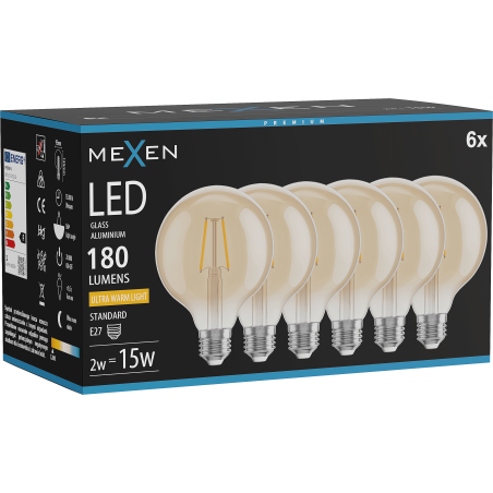 Mexen Vintis 6x LED крушка с нажежаема жичка, E27, G95, 2W, Топла - 2200K, 180 lm, кехлибар