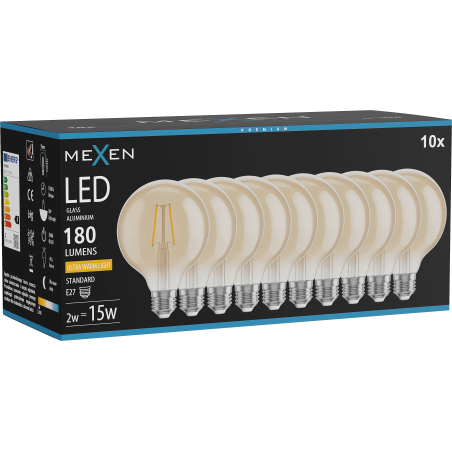 Mexen Vintis 10x LED нажежаема жичка крушка E27, G95, 2W, Топло - 2200K, 180 lm, амбър