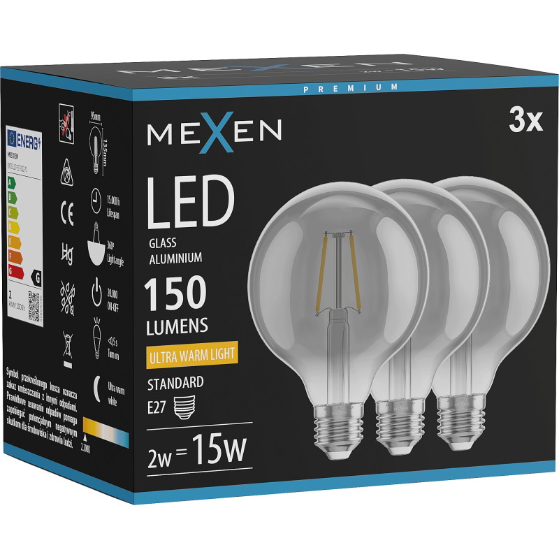 Mexen Vintis 3x LED филаментна крушка E27, G95, 2W, Топла - 2200K, 150 lm, опушено стъкло