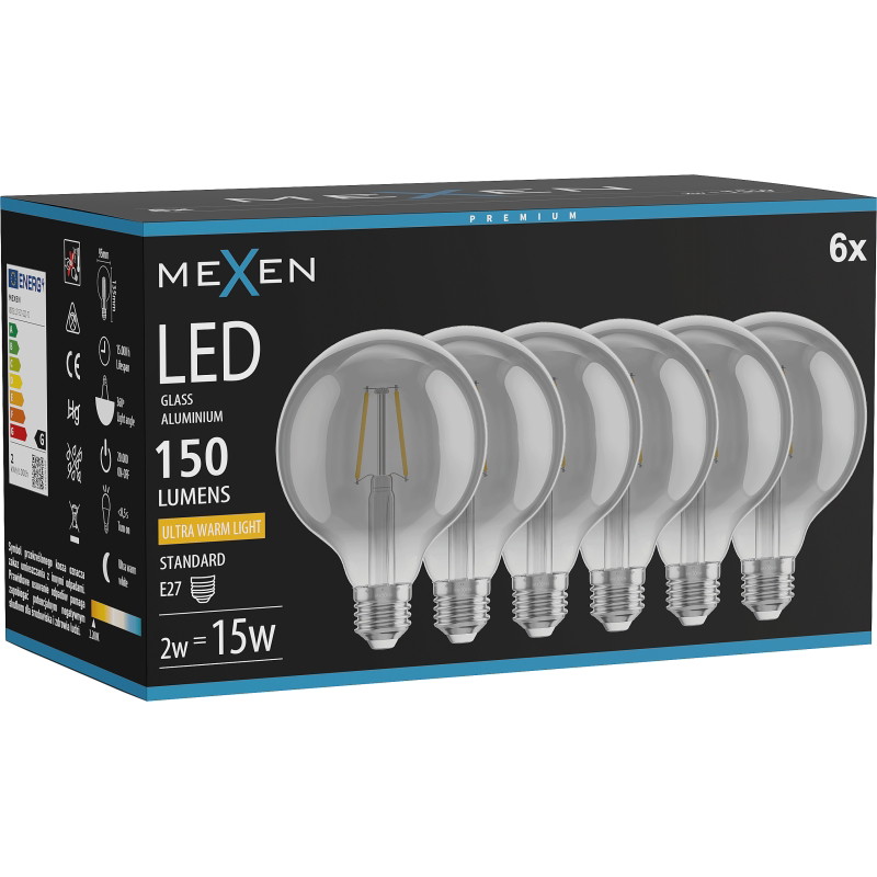 Mexen Vintis 6x Филаментна LED крушка E27, G95, 2W, Топла - 2200K, 150 lm, дим - L157-E27-0222-70x06