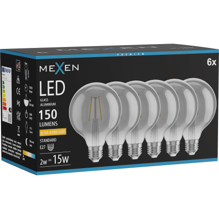 Mexen Vintis 6x Филаментна LED крушка E27, G95, 2W, Топла - 2200K, 150 lm, дим - L157-E27-0222-70x06