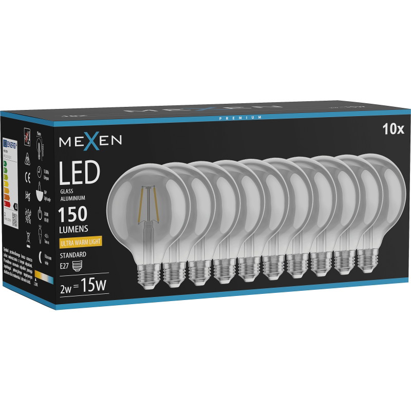 Mexen Vintis 10x LED филаментна крушка E27, G95, 2W, Топла - 2200K, 150 lm, опушена