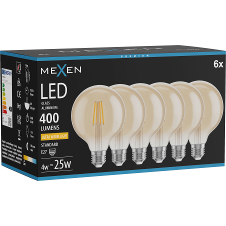 Mexen Vintis 6x LED филамент крушка E27, G95, 4W, Топла - 2200K, 400 lm, кехлибар