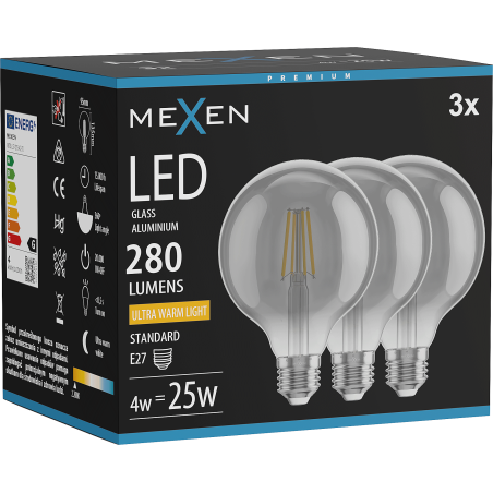 Mexen Vintis 3x LED крушка с нажежаема жичка E27, G95, 4W, Топла - 2200K, 280 lm, димно