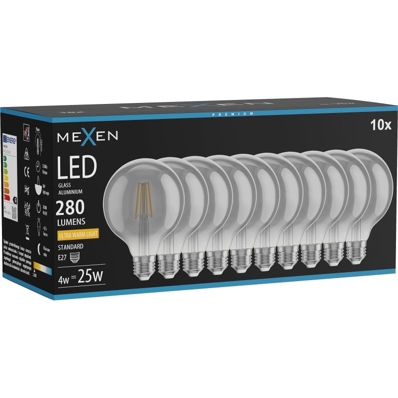 Mexen Vintis 10x LED филаментна крушка E27, G95, 4W, Топла - 2200K, 280 lm, димна