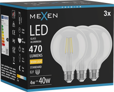 Mexen Vintis 3x LED филамент крушка E27, G95, 4W, Топла - 2700K, 470 lm, прозрачна