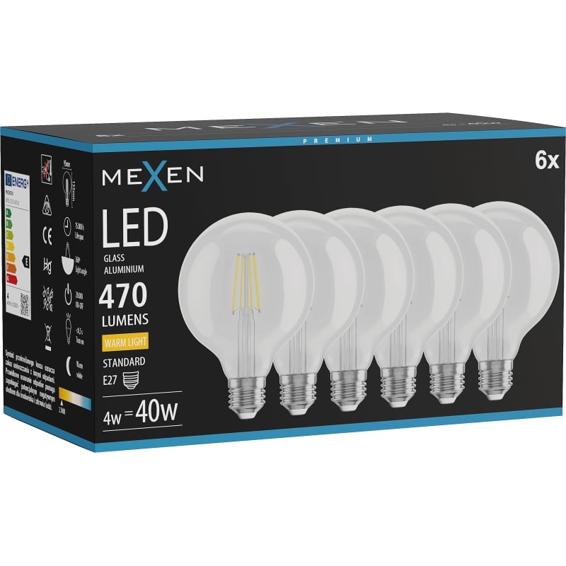 Mexen Vintis 6x LED филамент крушка E27, G95, 4W, Топла - 2700K, 470 lm, прозрачна